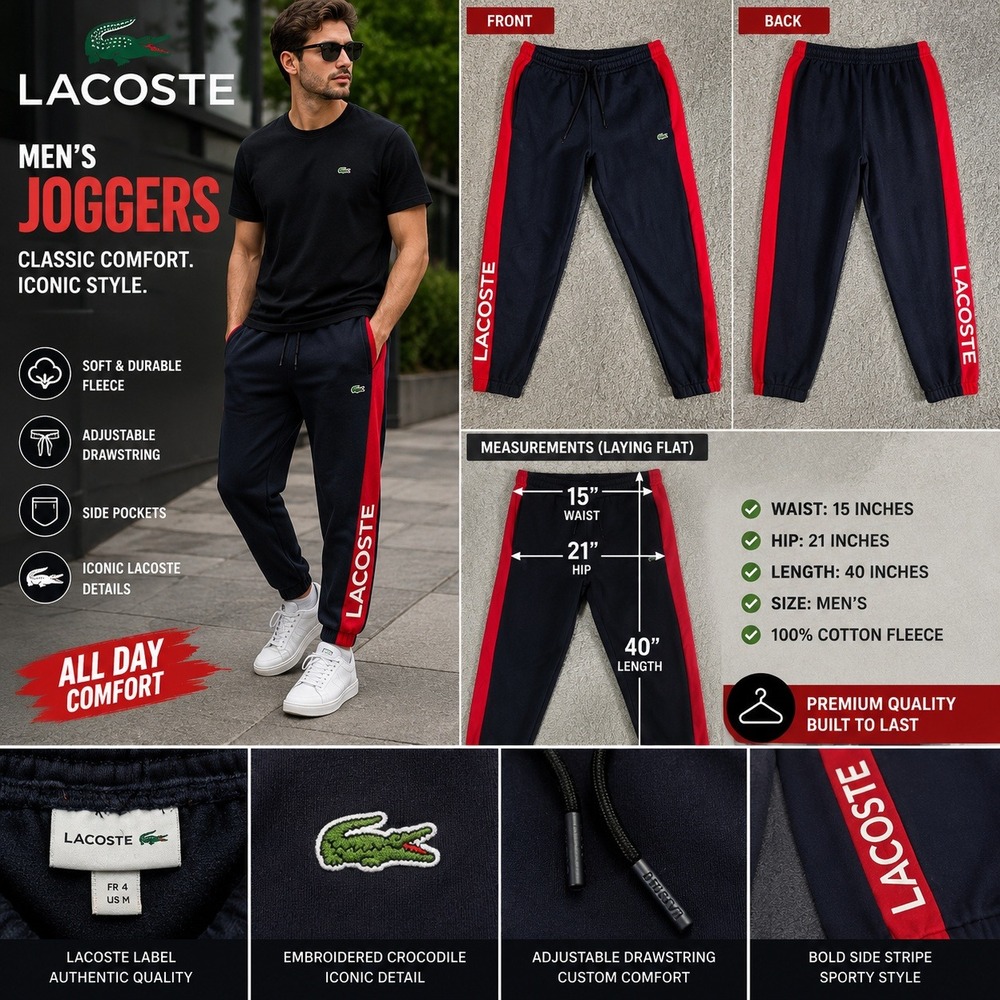 Lacoste Mens Tapered Fit Joggers Navy Blue Red Side Stripe Sweatpants Size M